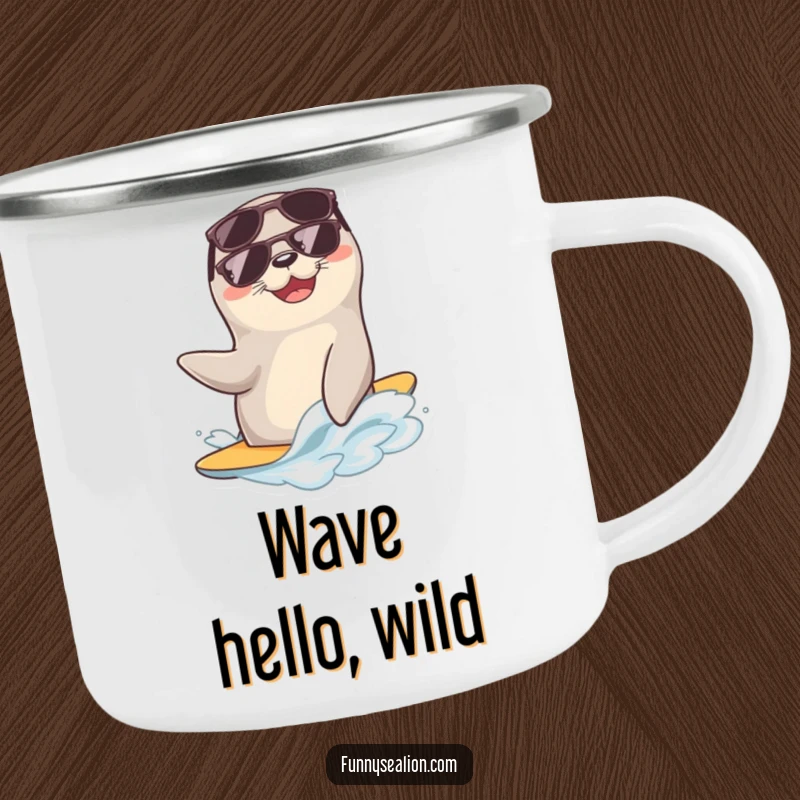 Funny sea lion with sunglasses rides a gentle wave on a durable camping mug, ideal for outdoor enthusiasts.