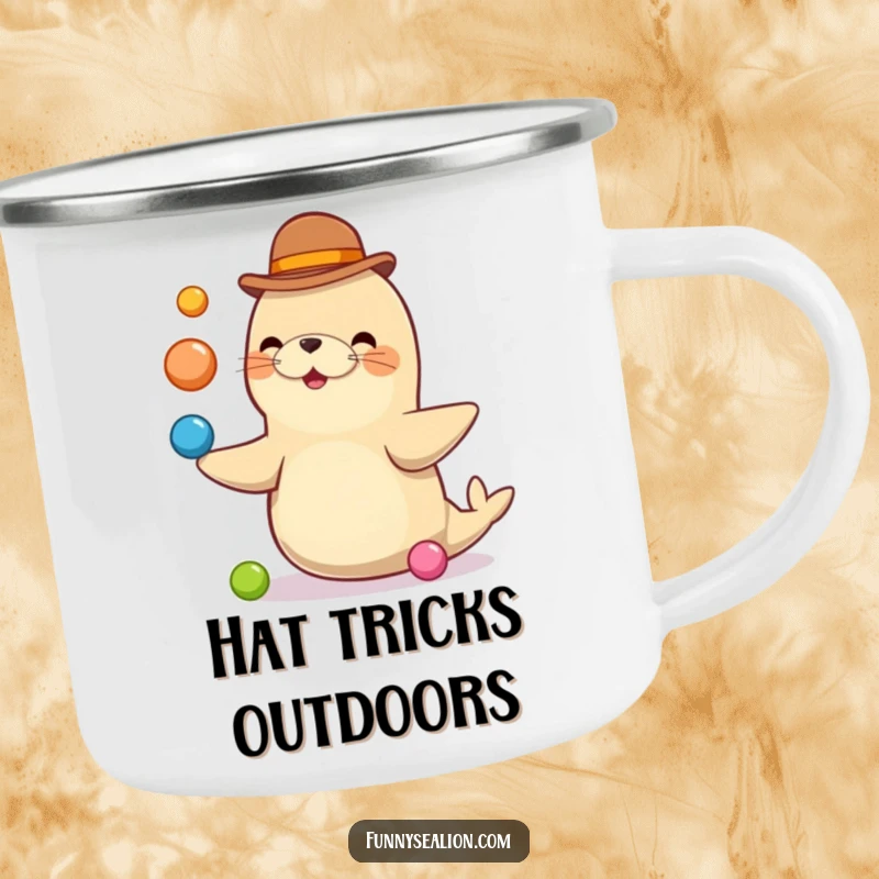 Funny sea lion wearing a bowler hat, juggling colorful balls, ready for outdoor adventures on a sturdy camping mug.