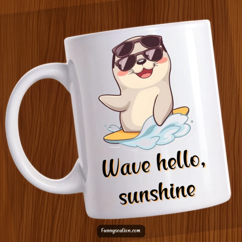 Funny sea lion wearing sunglasses, confidently riding a small, gentle wave with a relaxed smile on a coffee mug.