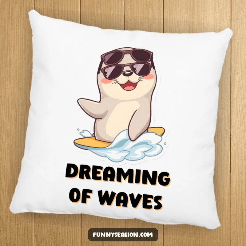 Funny sea lion with sunglasses rides a gentle wave, designed for comfort and humor on a decorative pillow.