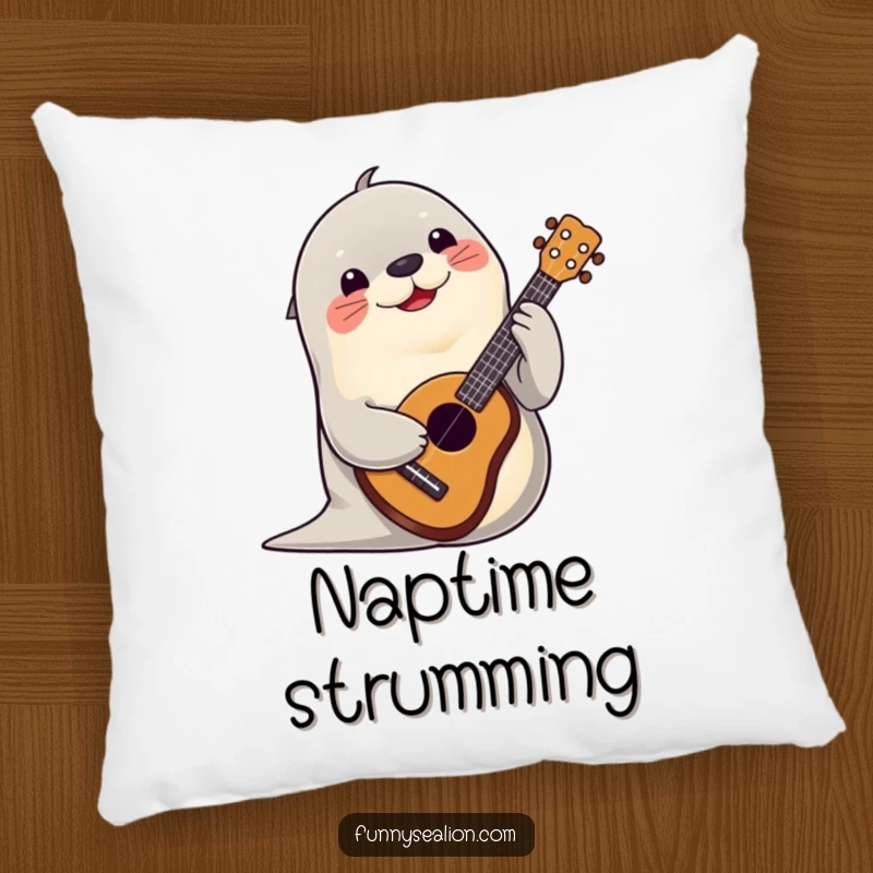Funny sea lion playing a ukulele with a cheerful expression, featured on a comfortable and decorative pillow.