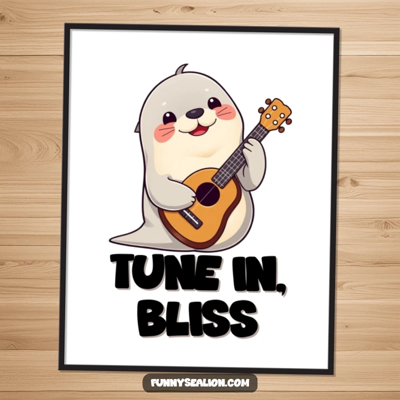 Funny sea lion playing a ukulele with a cheerful expression, available as an instant download digital art print.