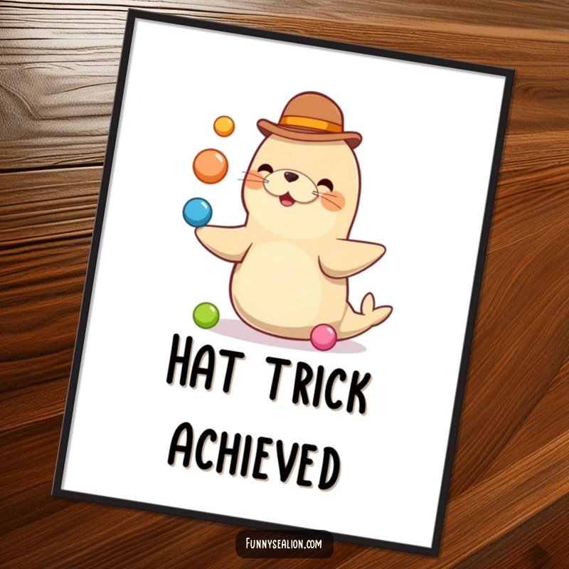 Funny sea lion wearing a bowler hat, juggling colorful balls, available as a digital art print for immediate download.