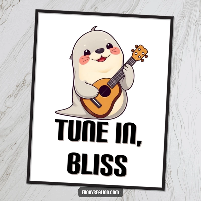 Funny sea lion character playing a ukulele with a cheerful expression, displayed as a lively and amusing art print.