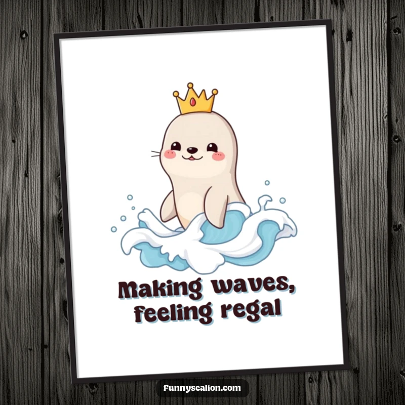 Funny Free Printable Wall Art: A regal sea lion wearing a tiny crown surfs a massive bubbly wave with pure joy.