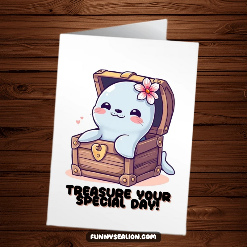 Funny Free Printable Birthday Card: Sea lion with flower wearing a smile pops out of a treasure chest.