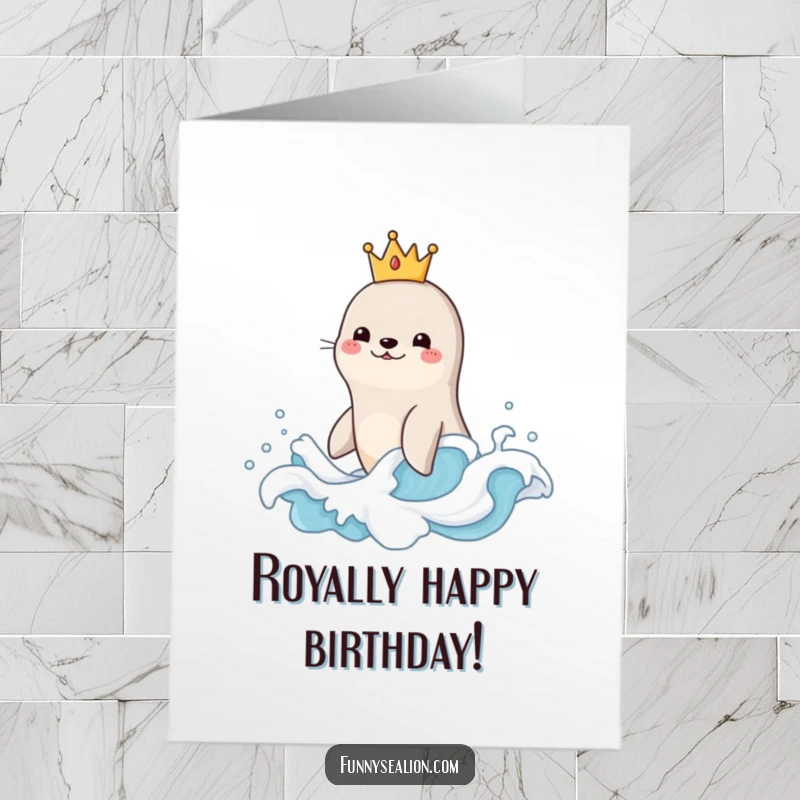 Funny Free Printable Birthday Card: Sea lion wearing a tiny gold crown joyfully rides a bubbly ocean wave.