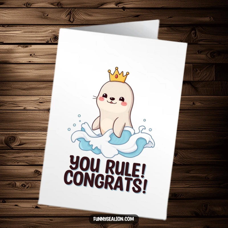 Funny Free Printable Congrats Card: A sea lion with a small crown surfs a big bubbly wave with glee.