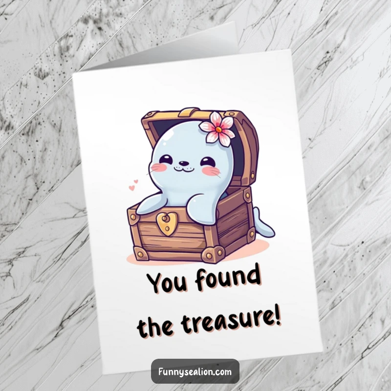 Funny Free Printable Congrats Card: Sea lion wearing a flower peeks from a treasure chest, celebrating success.