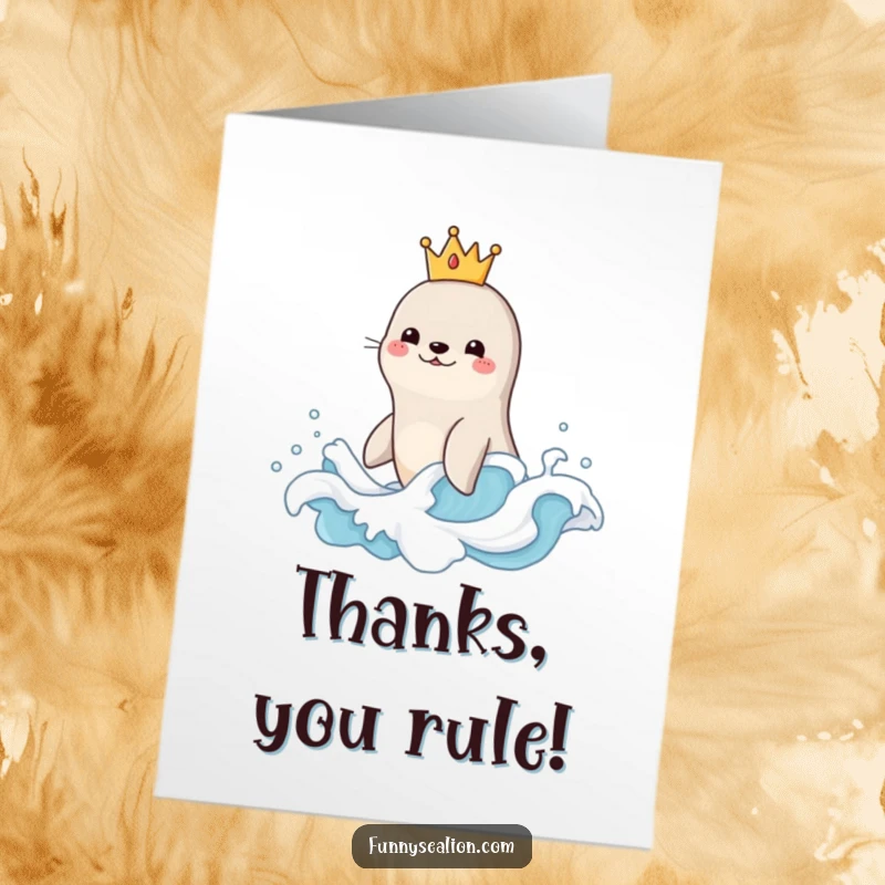 Funny Free Printable Thank You Card: A sea lion in a crown rides a wave, sending thanks and joy your way.