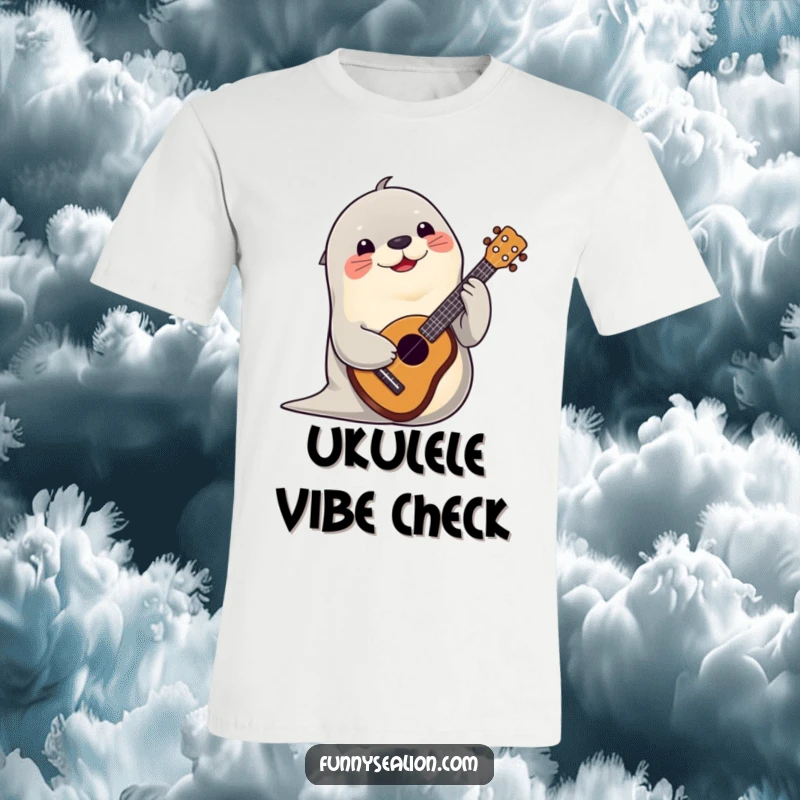 Funny sea lion actively playing a ukulele with a joyful expression on a comfortable t-shirt, radiating musical vibes.