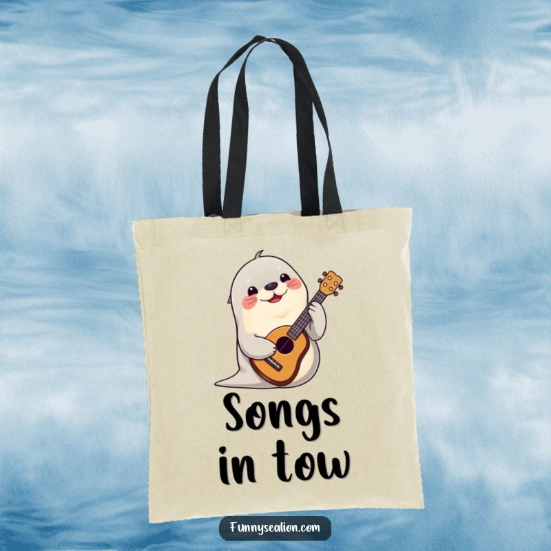 Funny sea lion joyfully playing a ukulele on a durable tote bag, perfect for carrying music gear or daily items.